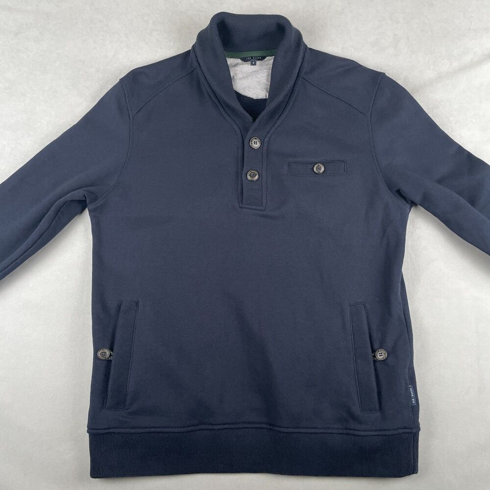 Ted Baker Sweater Men L Shawl Collar Button Pullover Pocket Nautical Classic EUC